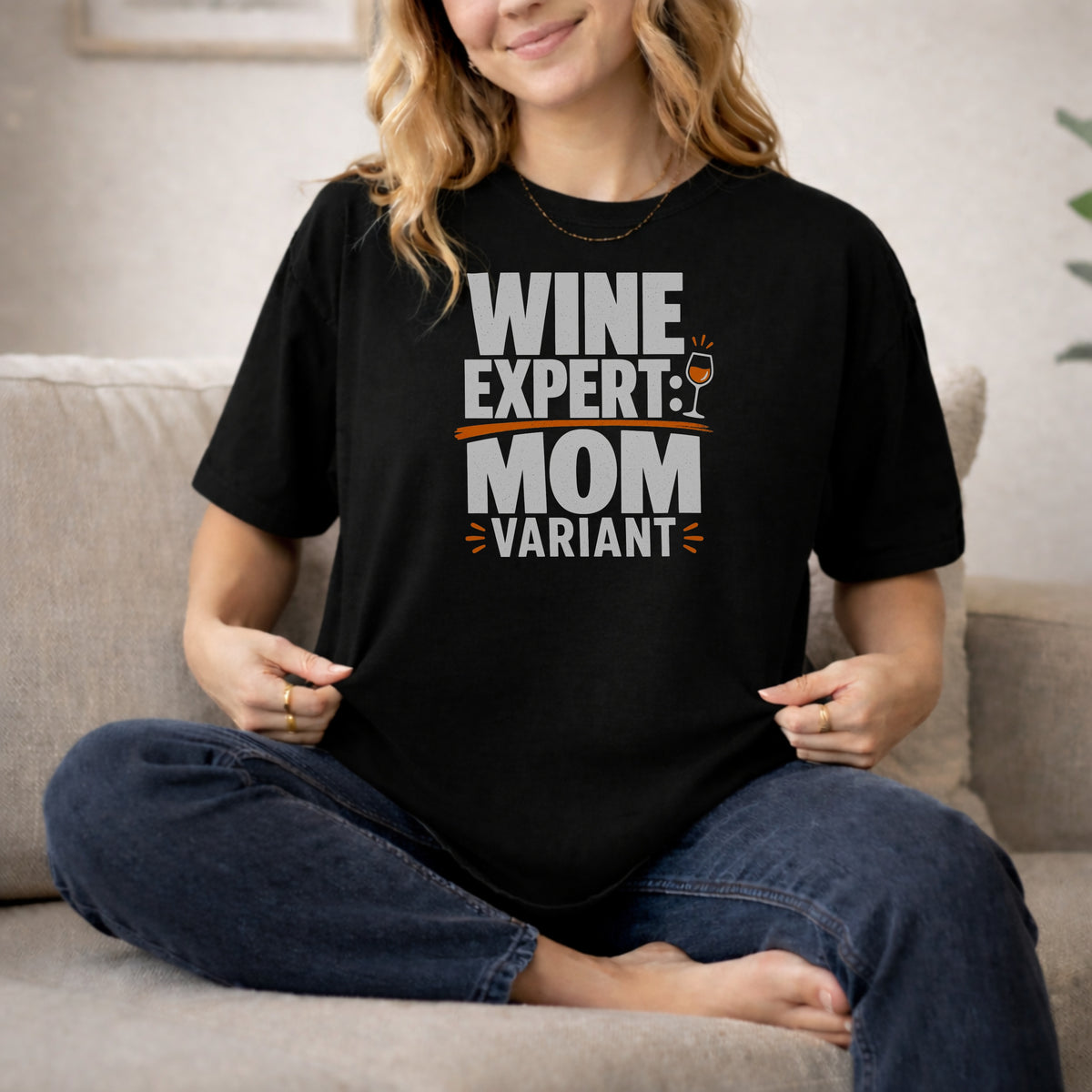 Black garment-dyed cotton tee printed with "Wine Expert: Mom Variant".
