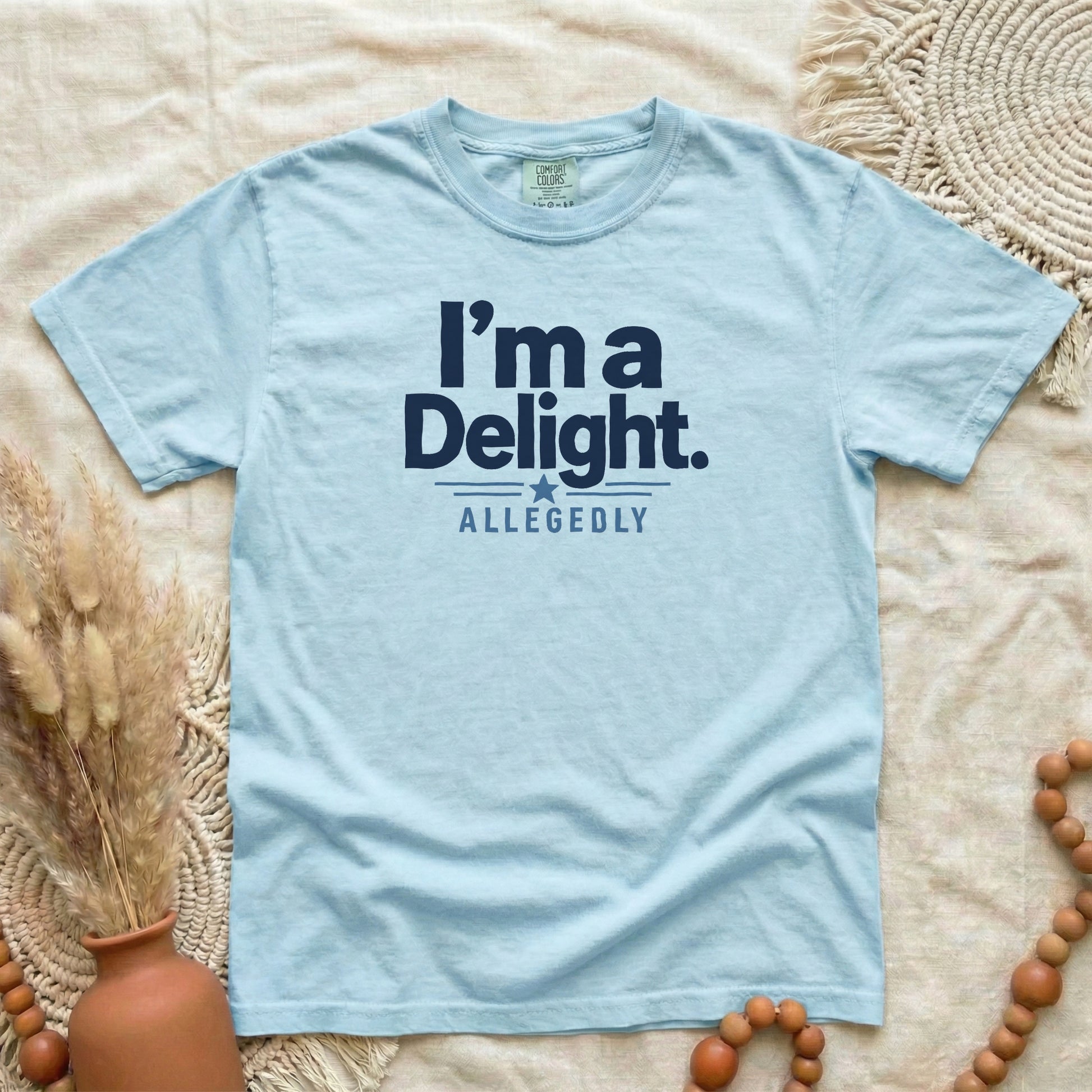 Chambray garment-dyed cotton tee printed with "I'm A Delight, Allegedly".