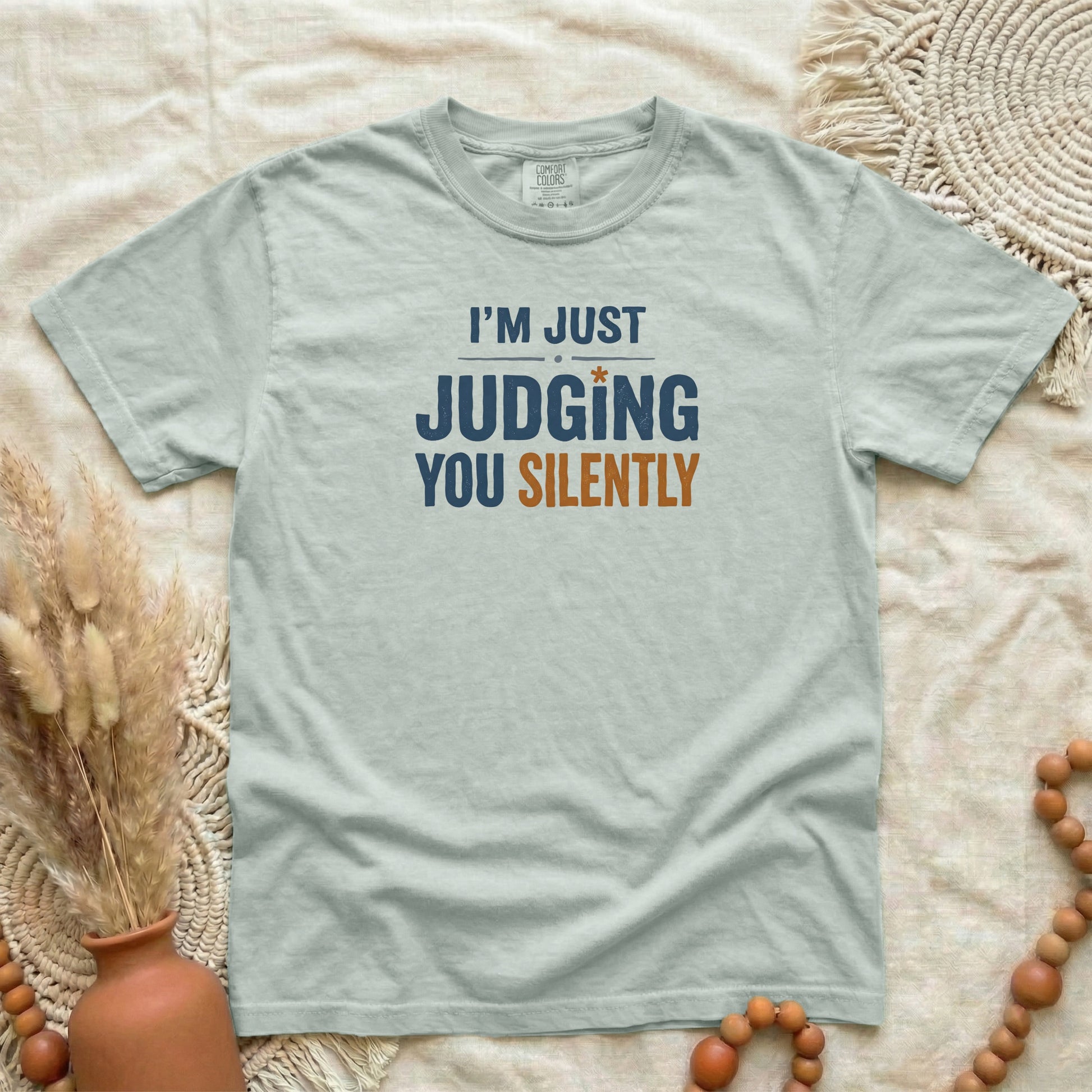 Bay garment-dyed cotton tee printed with "Judging You Silently".