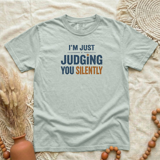 Bay garment-dyed cotton tee printed with "Judging You Silently".