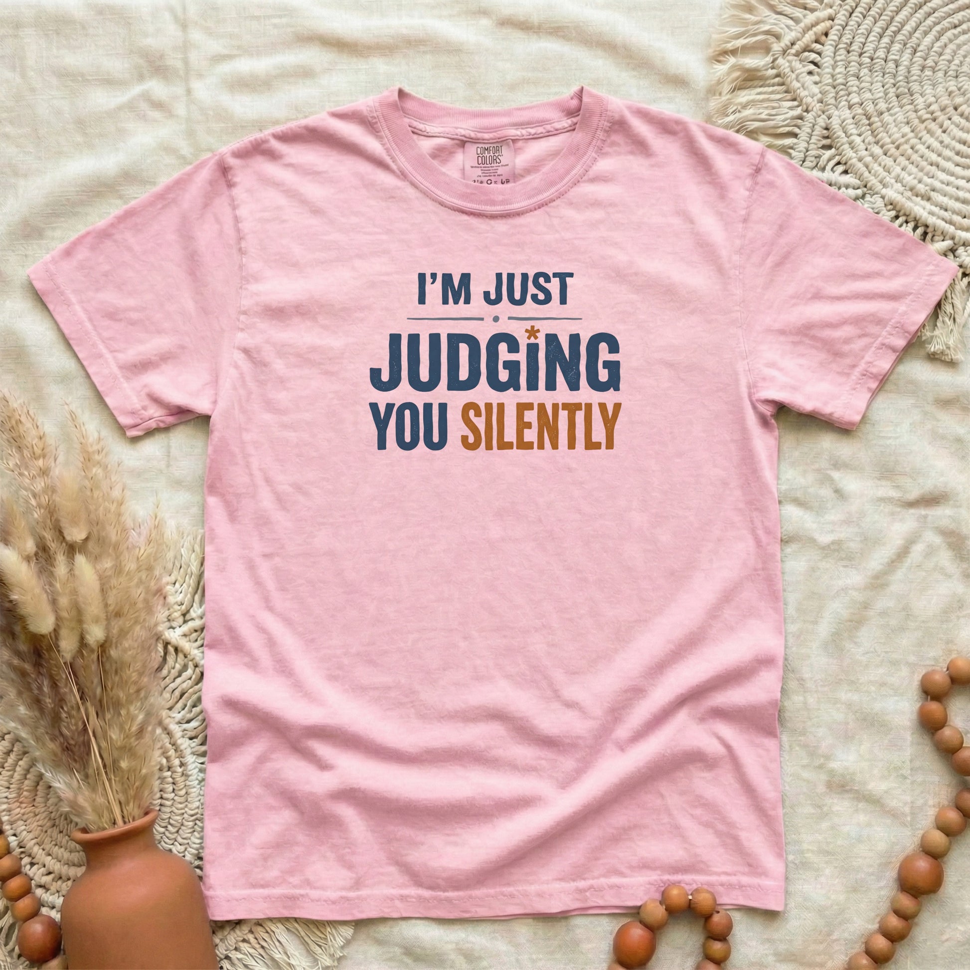 Blossom garment-dyed cotton tee printed with "Judging You Silently".