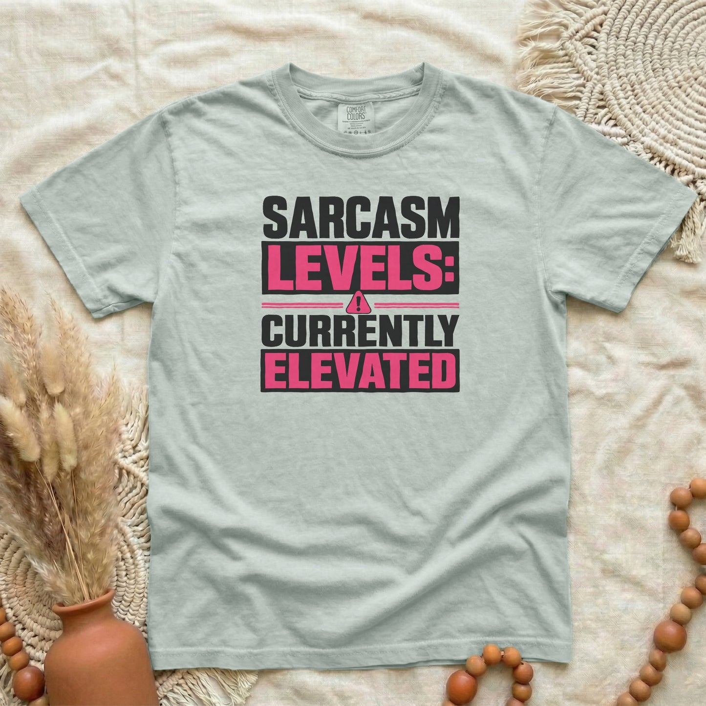 Bay garment-dyed cotton tee printed with "Sarcasm Levels: Currently Elevated".