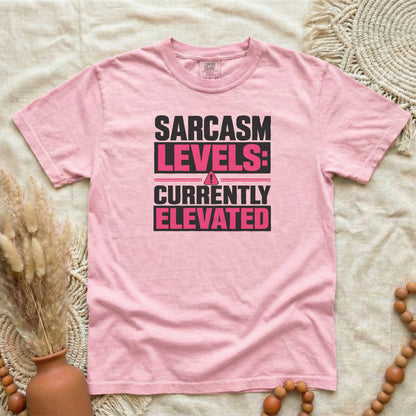 Blossom garment-dyed cotton tee printed with "Sarcasm Levels: Currently Elevated".