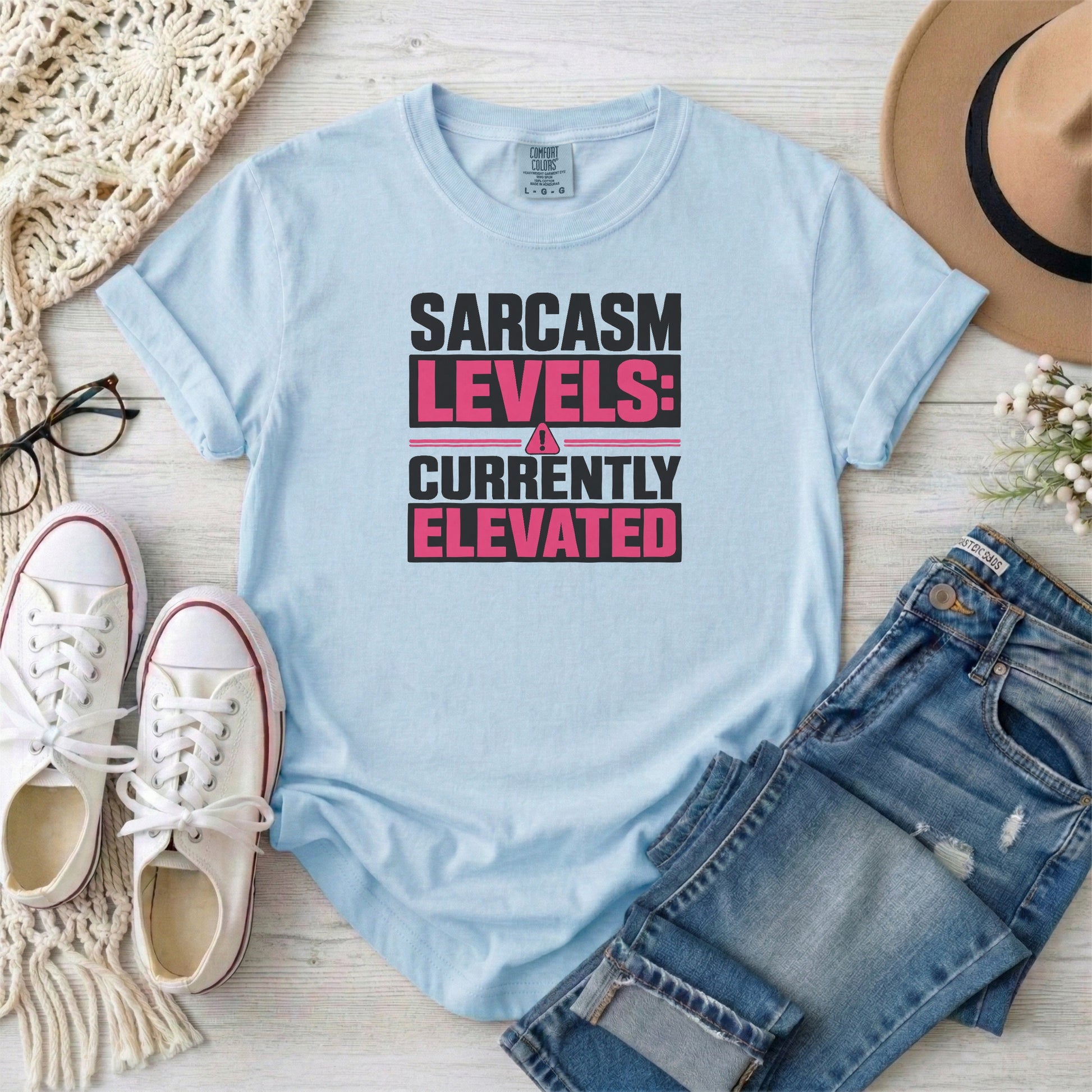 Chambray garment-dyed cotton tee printed with "Sarcasm Levels: Currently Elevated".
