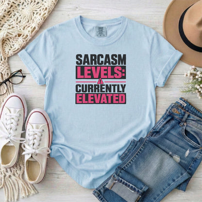 Chambray garment-dyed cotton tee printed with "Sarcasm Levels: Currently Elevated".