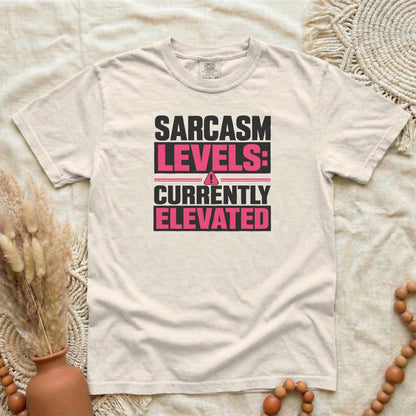 Ivory garment-dyed cotton tee printed with "Sarcasm Levels: Currently Elevated".