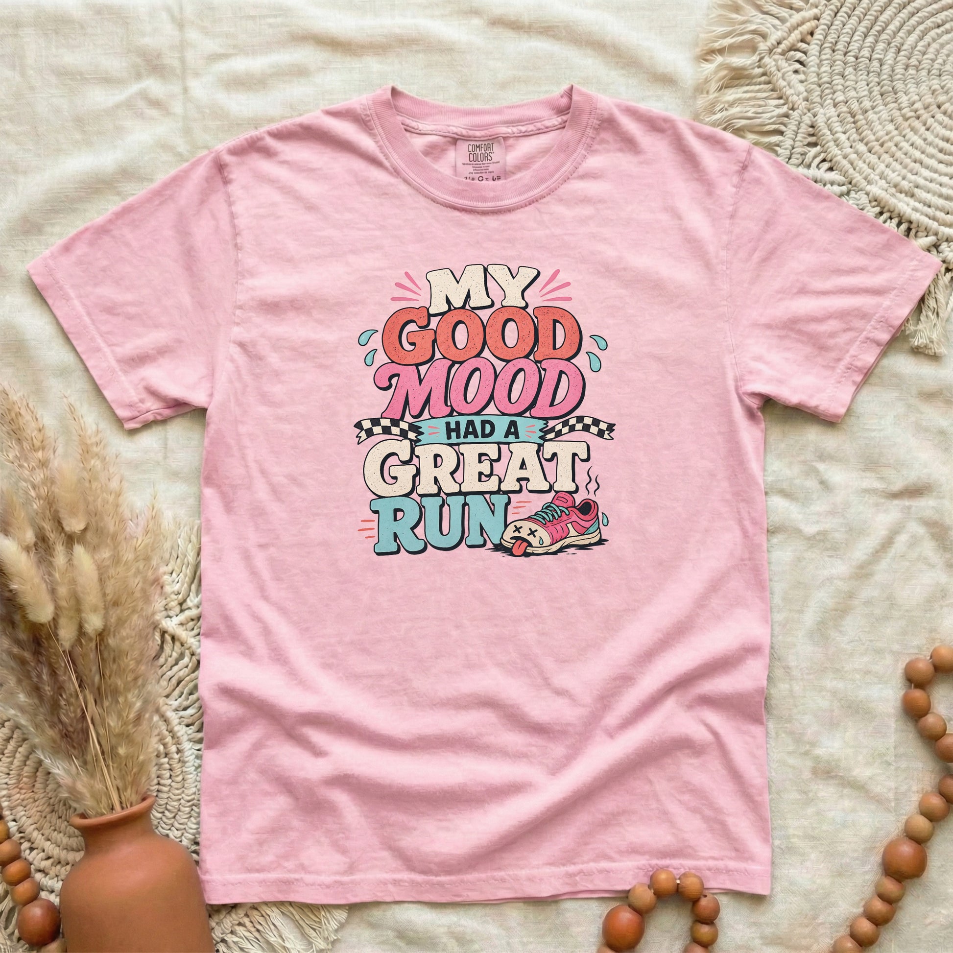 Blossom garment-dyed cotton tee printed with "My Good Mood Had A Great Run".