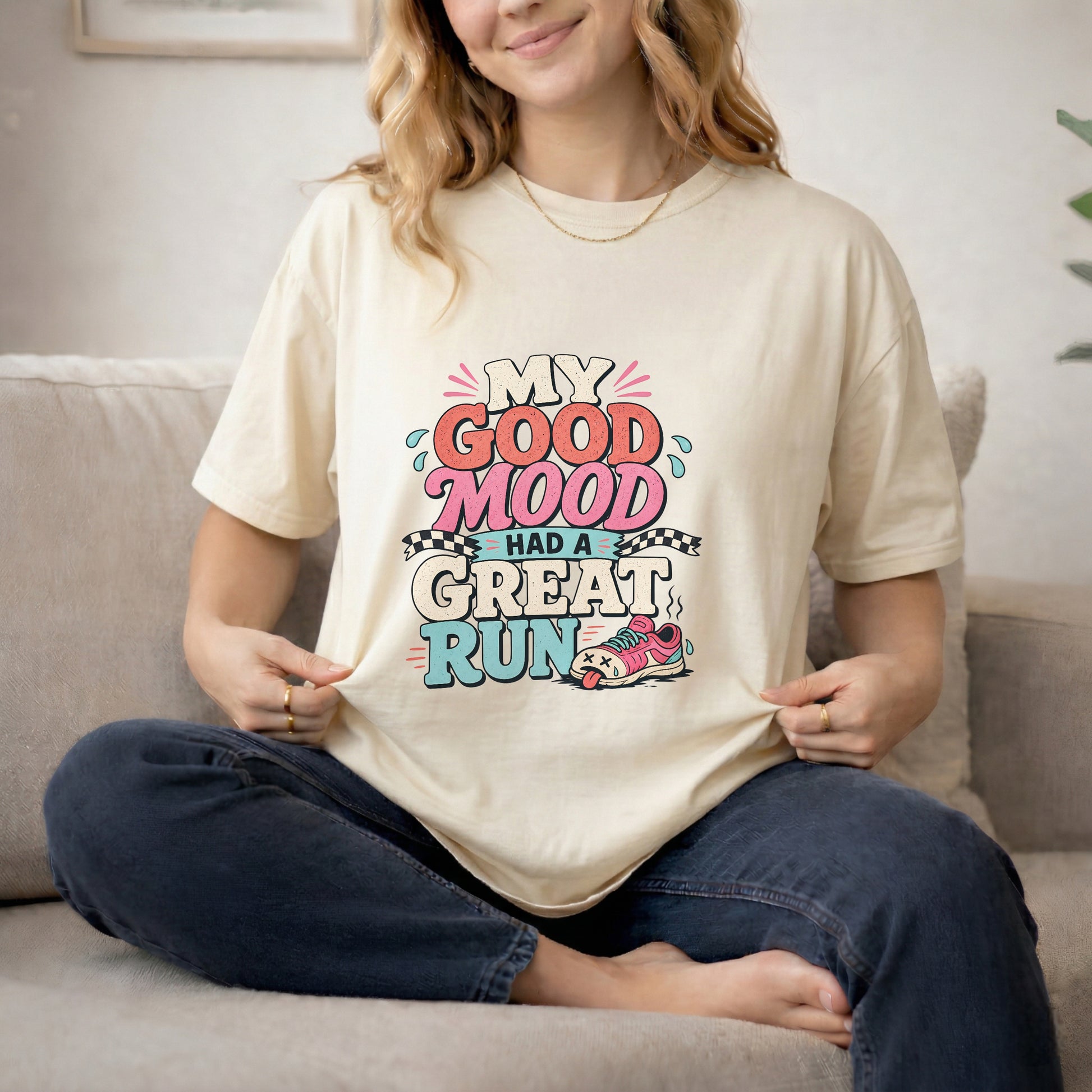 Ivory garment-dyed cotton tee printed with "My Good Mood Had A Great Run".
