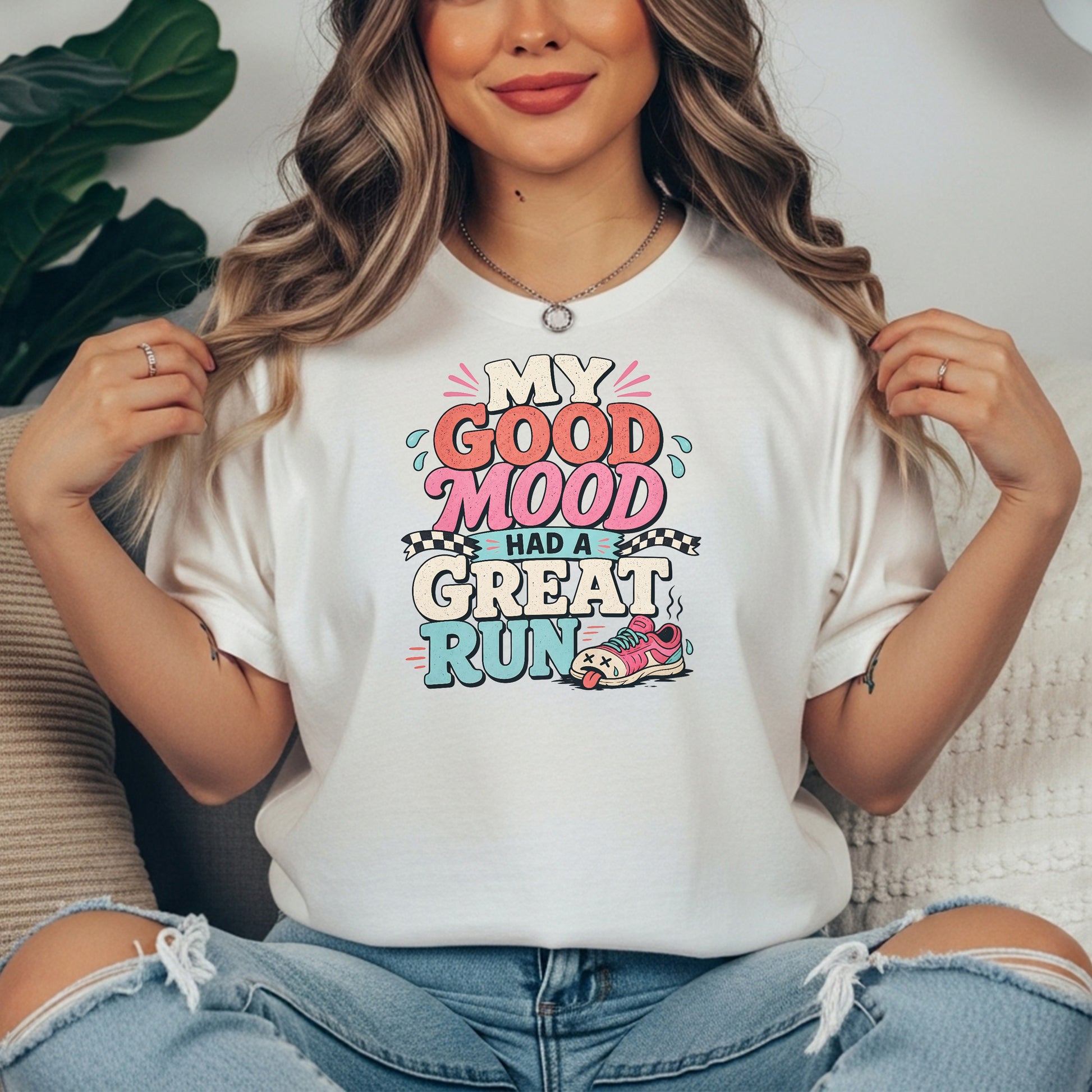 White garment-dyed cotton tee printed with "My Good Mood Had A Great Run".