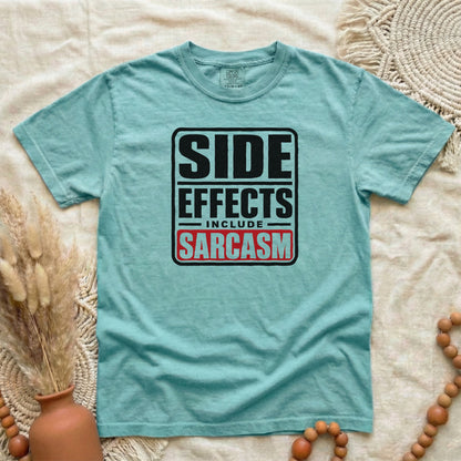Chalky Mint garment-dyed cotton tee printed with "Side Effects Include Sarcasm".