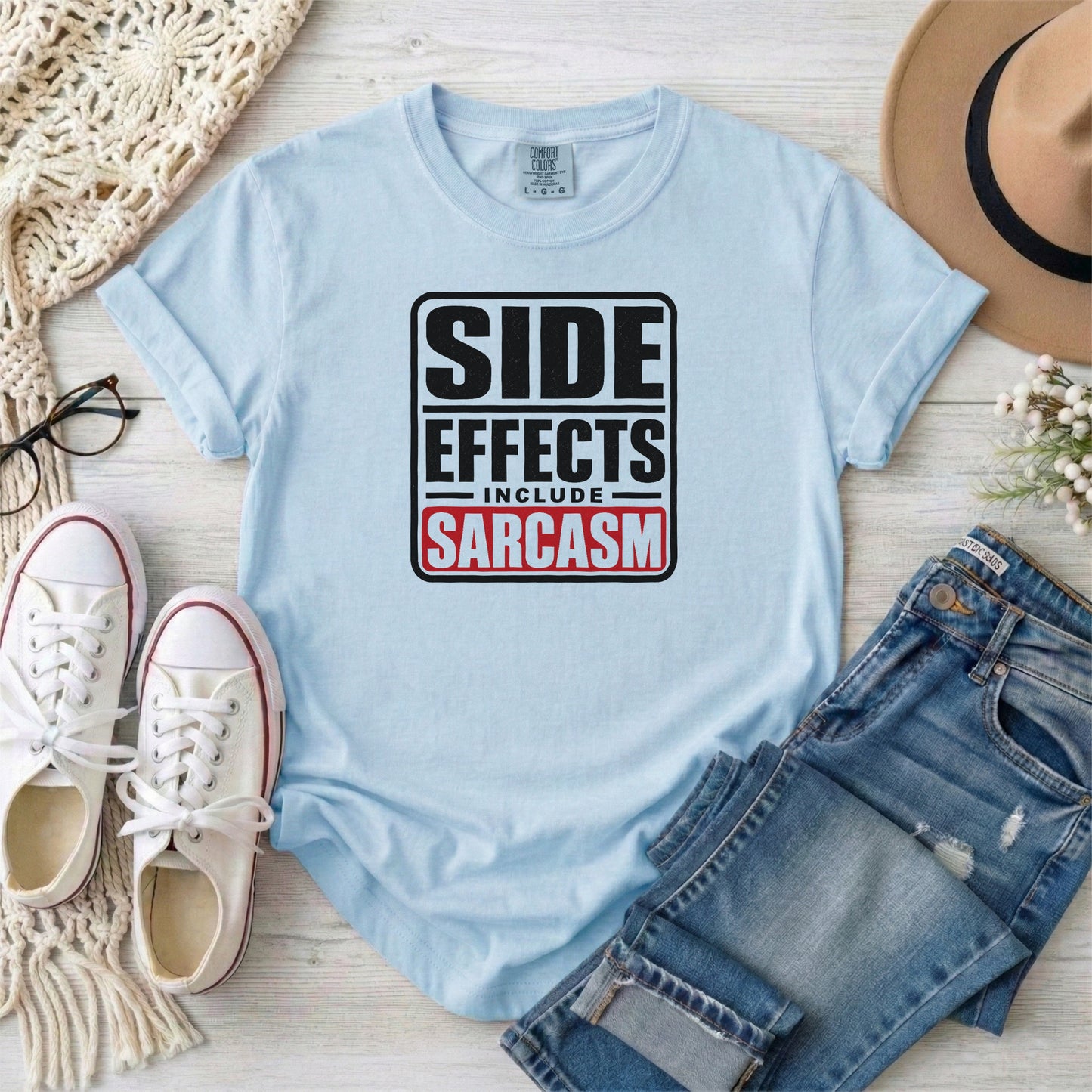 Chambray garment-dyed cotton tee printed with "Side Effects Include Sarcasm".