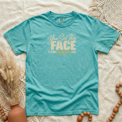 Seafoam garment-dyed cotton tee printed with "You See This Face, It Is My I Do Not Care Face".