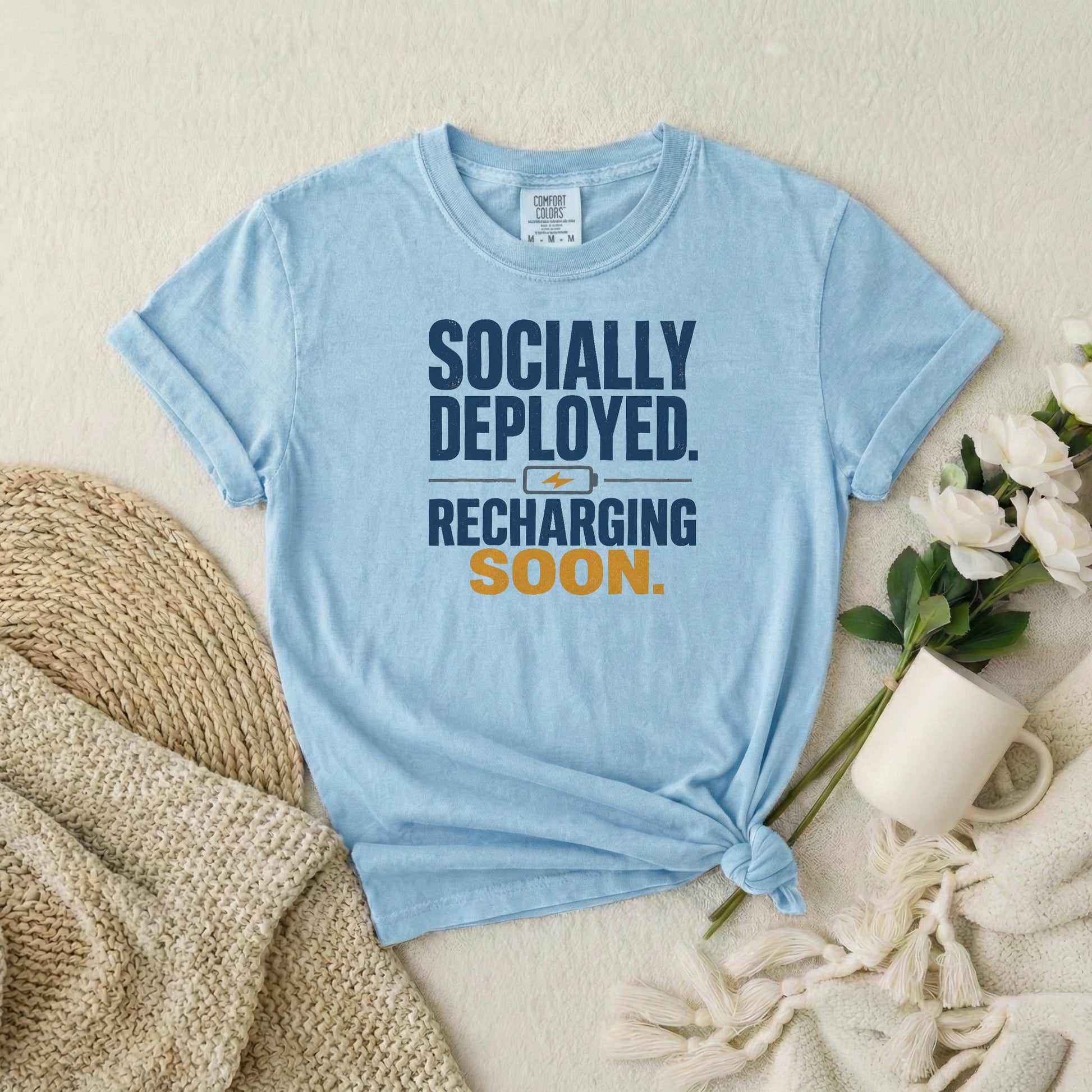 Chambray garment-dyed cotton tee printed with "Socially Deployed. Recharging Soon."