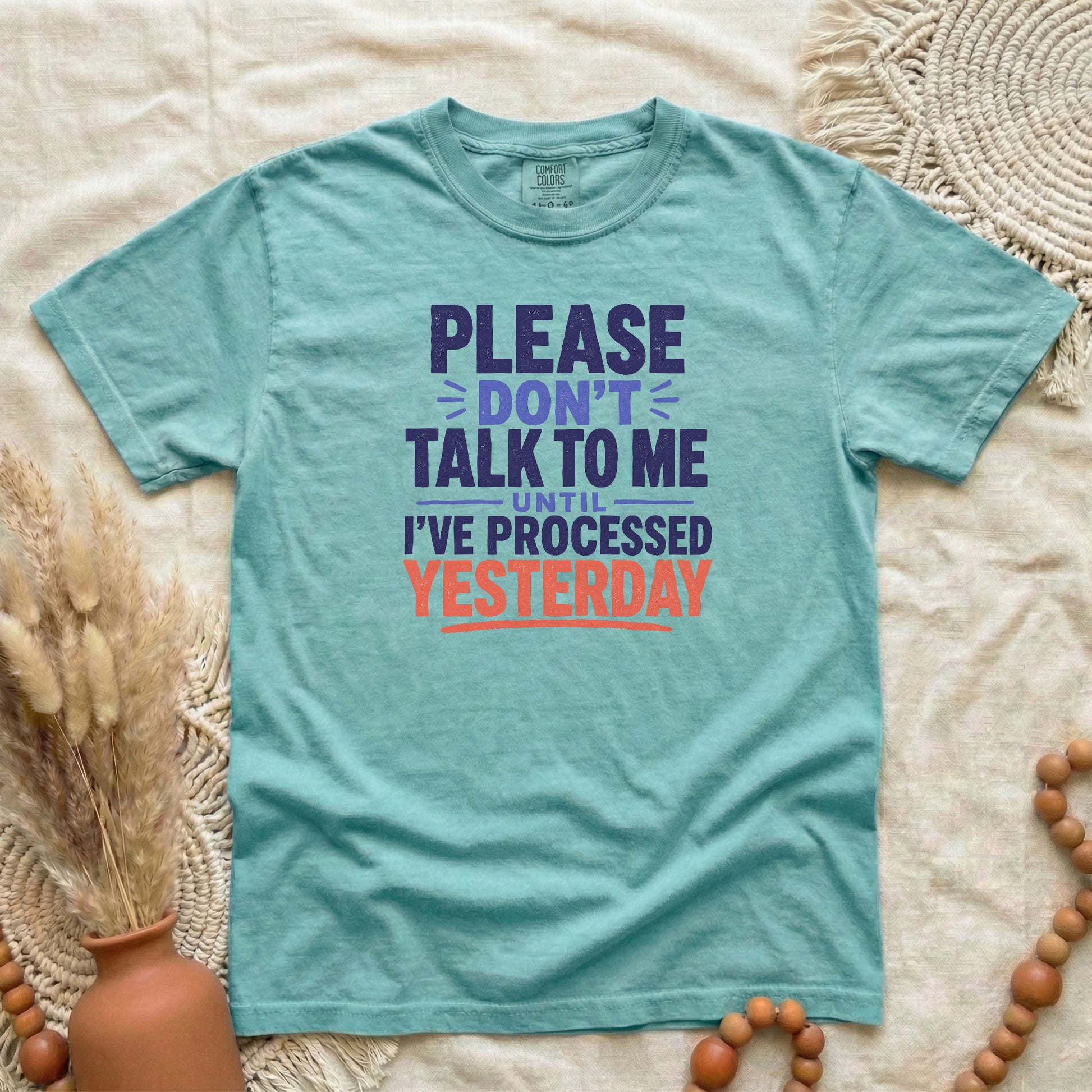 Chalky Mint garment-dyed cotton tee printed with "Please Don't Talk To Me Until I've Processed Yesterday".