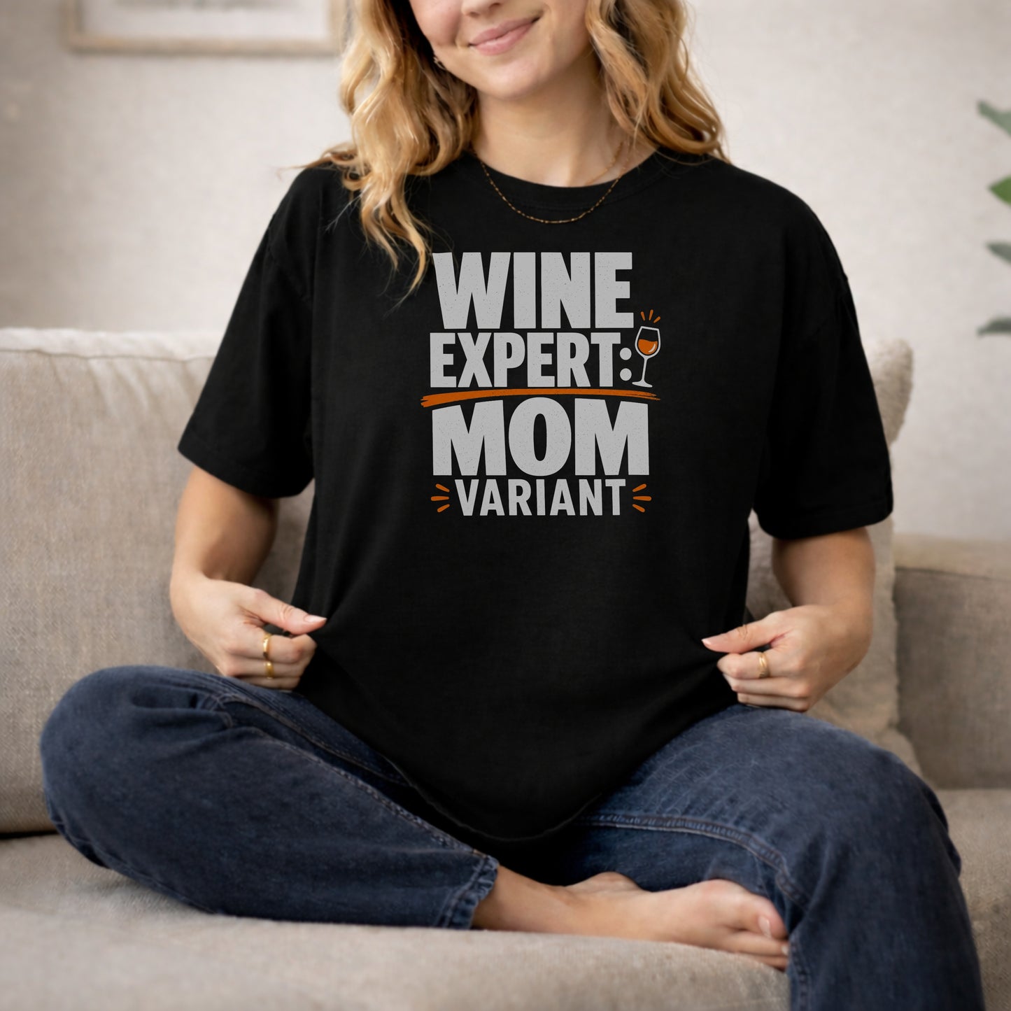 Black garment-dyed cotton tee printed with "Wine Expert: Mom Variant".
