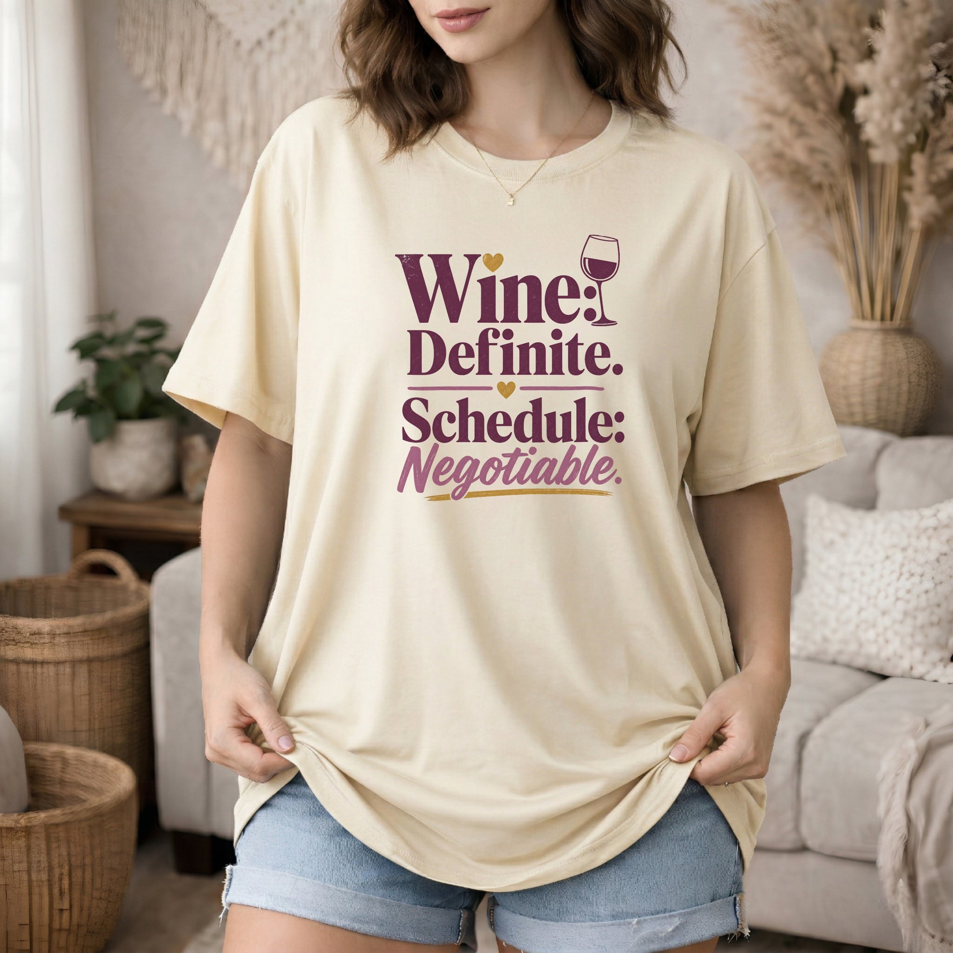 Ivory garment-dyed cotton tee printed with "Wine: Definite. Schedule: Negotiable."
