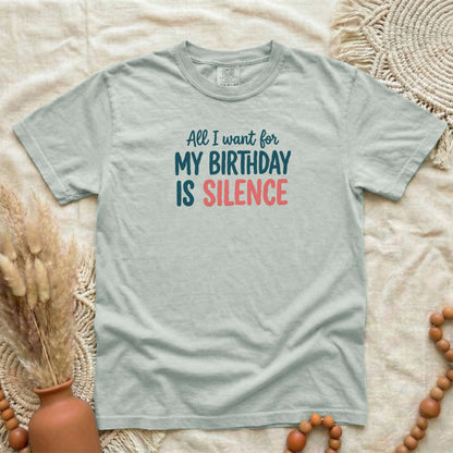 Bay garment-dyed cotton tee printed with "All I Want For My Birthday Is Silence".