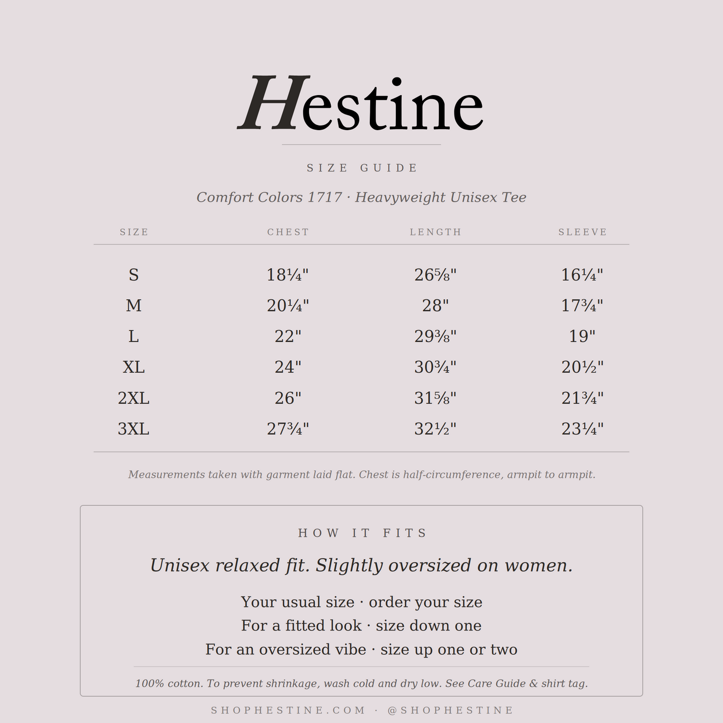 Hestine size guide for the Comfort Colors 1717 tee: chest, length and sleeve measurements, sizes S to 3XL.