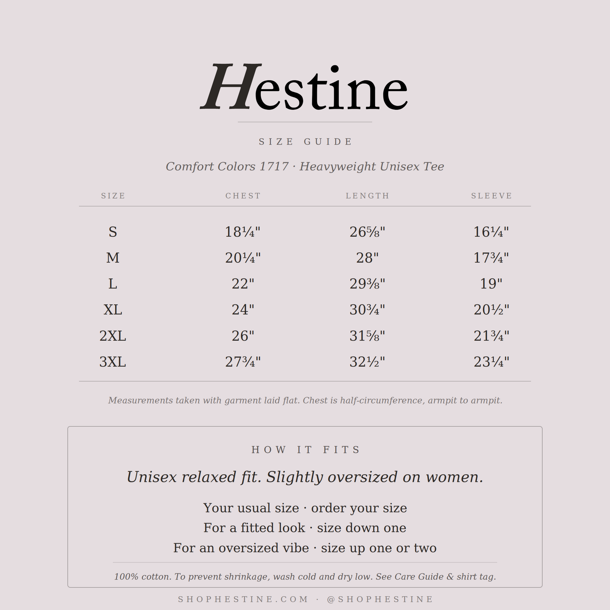 Hestine size guide for the Comfort Colors 1717 tee: chest, length and sleeve measurements, sizes S to 3XL.