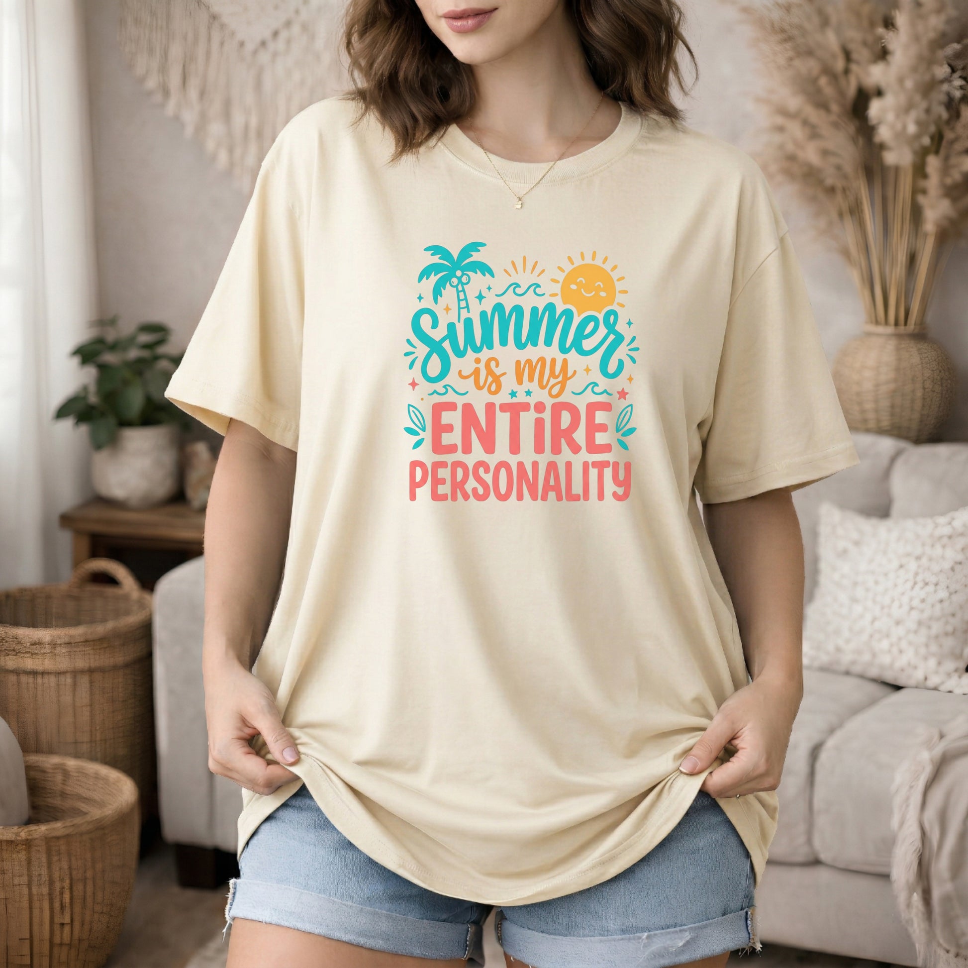 Ivory garment-dyed cotton tee printed with "Summer Is My Entire Personality".