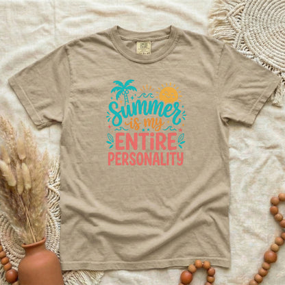 Khaki garment-dyed cotton tee printed with "Summer Is My Entire Personality".