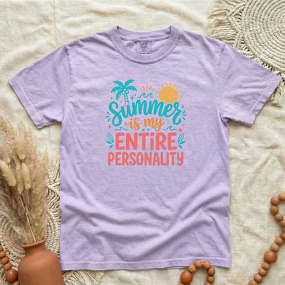 Orchid garment-dyed cotton tee printed with "Summer Is My Entire Personality".