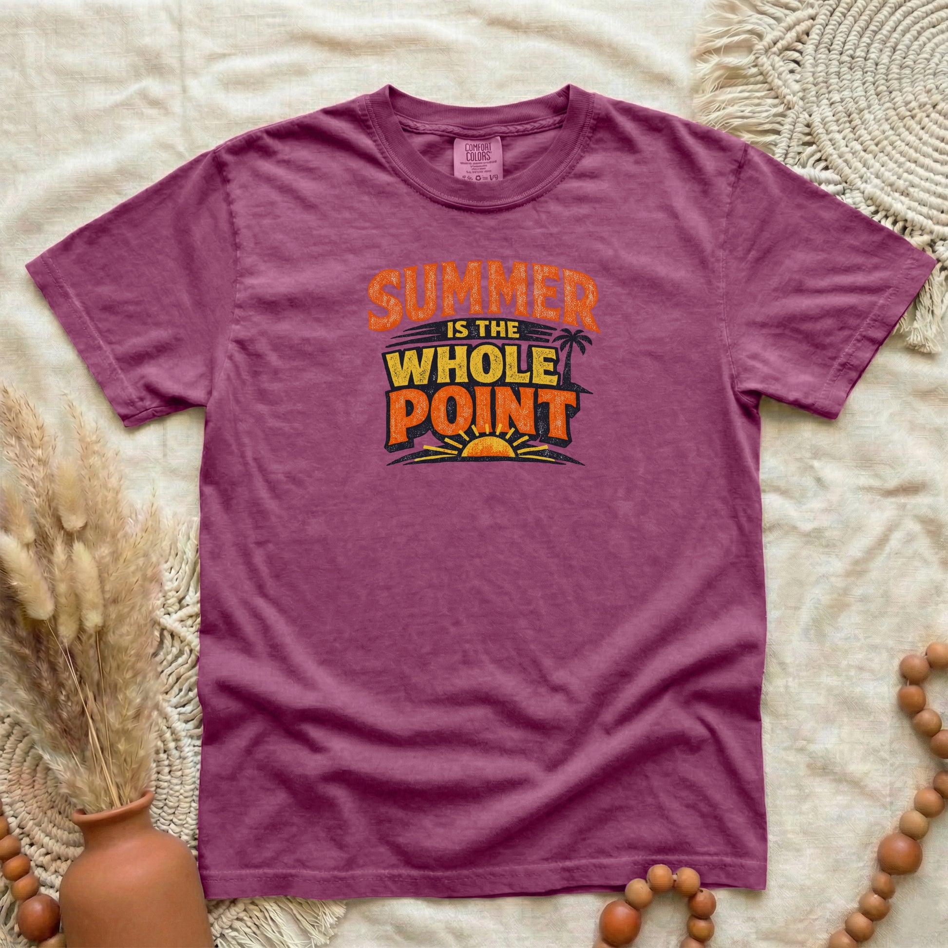 Berry garment-dyed cotton tee printed with "Summer Is The Whole Point".